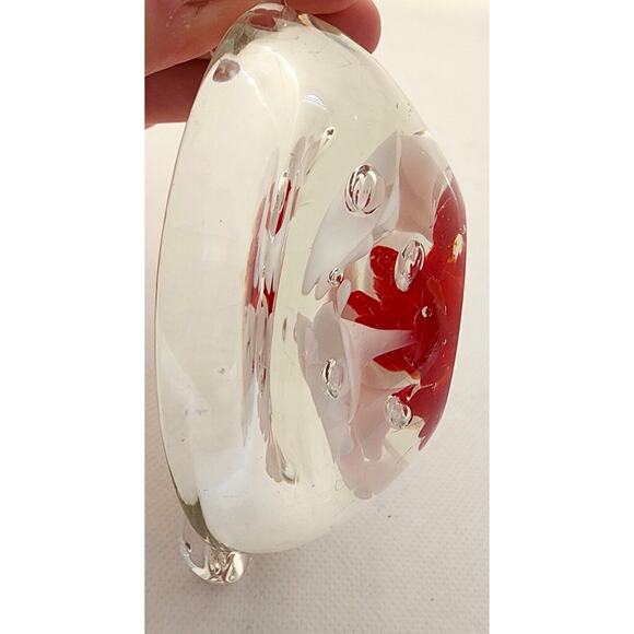 ASHTRAY-VINTAGE-BLOWN GLASS-Clear-White Flowers-Red Accent-Small-MCM - Picture 8 of 15